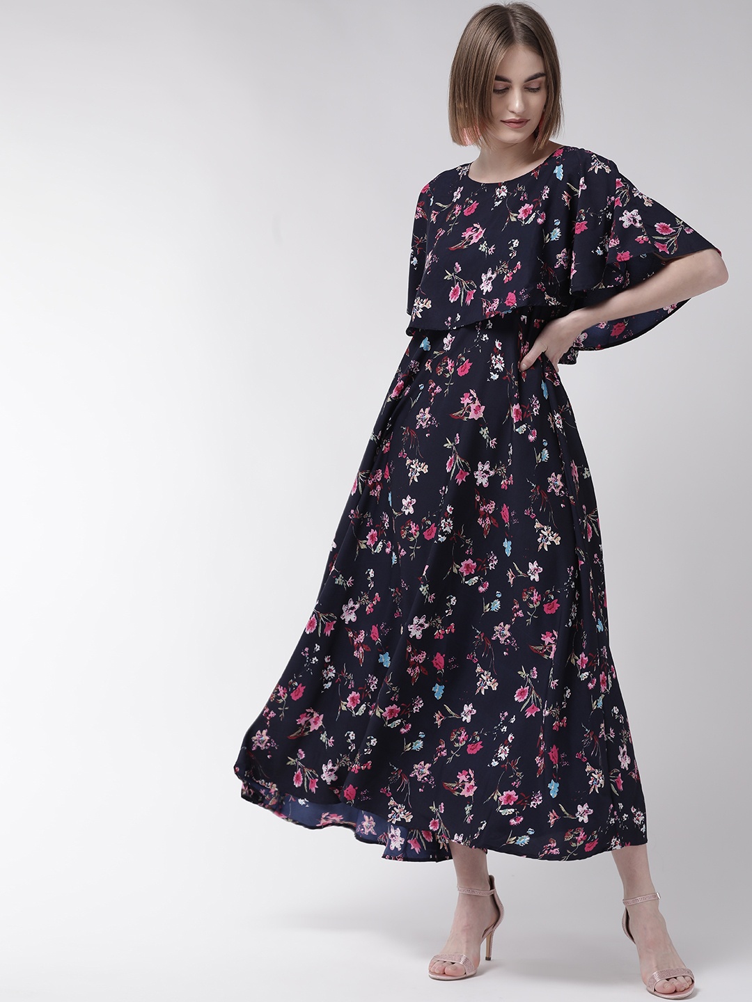 

U&F Women Navy Blue & Pink Floral Print Layered Maxi Dress
