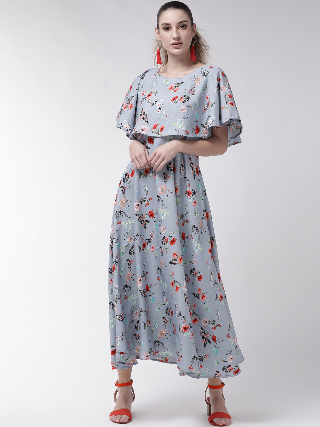 

U&F Women Grey & Red Floral Print Maxi Dress