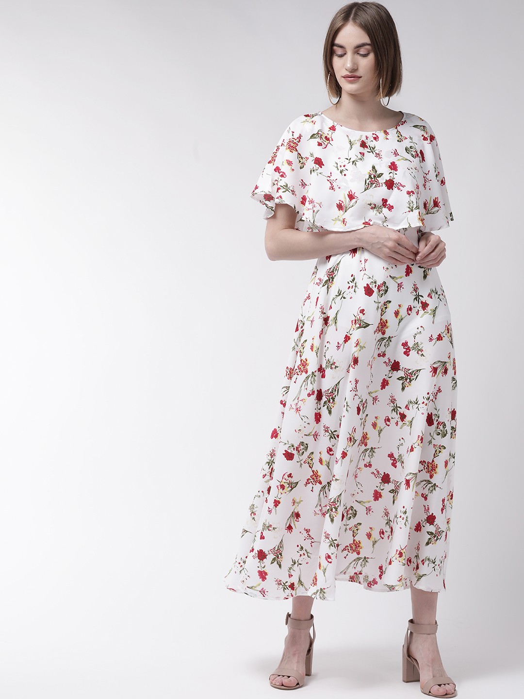

U&F Women White & Red Floral Print Maxi Dress
