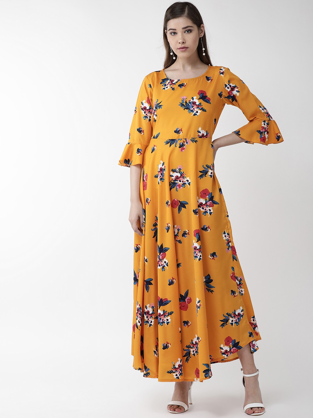 

U&F Women Mustard Yellow & Blue Floral Print Maxi Dress