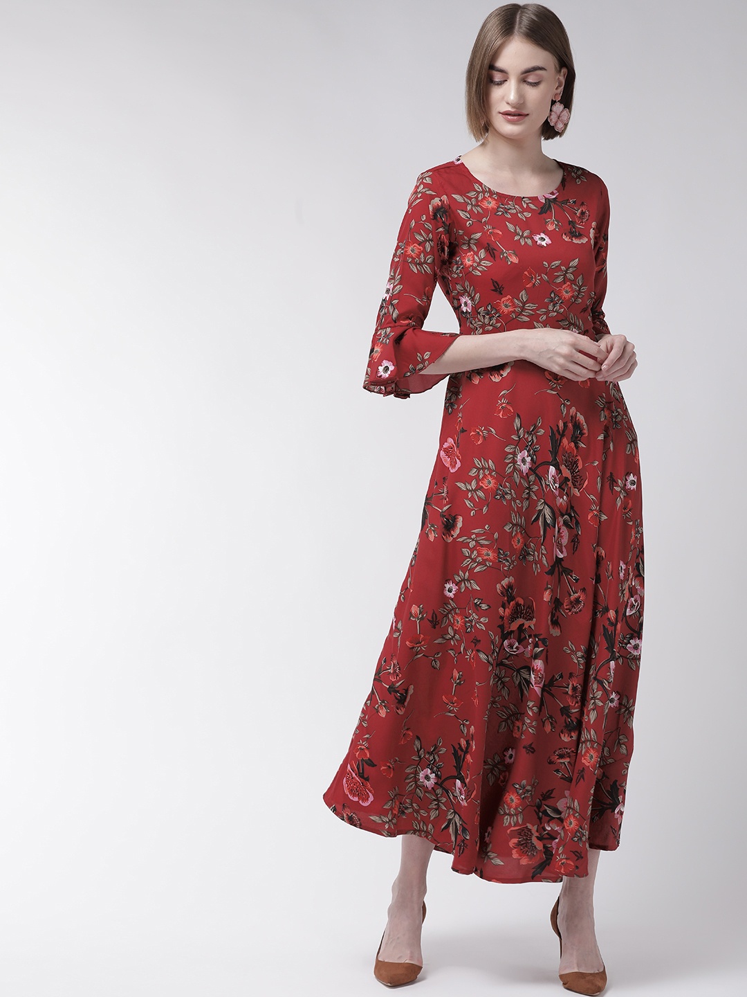 

U&F Women Maroon & Taupe Floral Print Maxi Dress