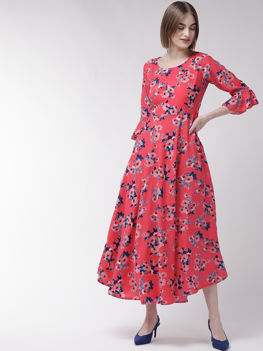 

U&F Women Pink & Sea Green Floral Print Maxi Dress