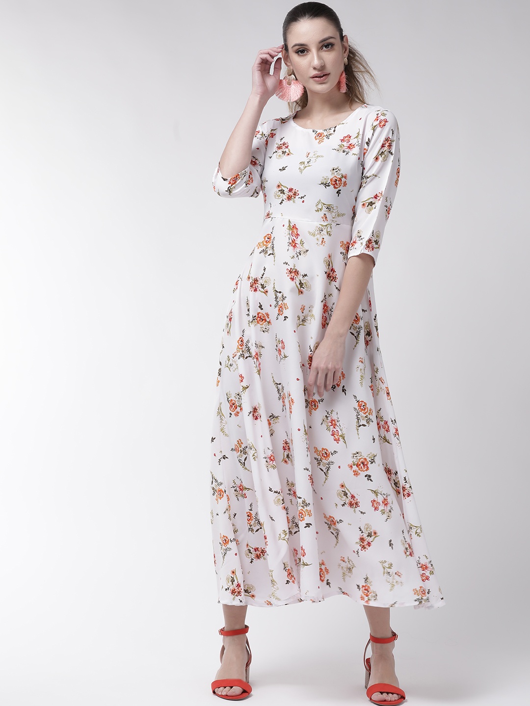 

U&F Women White & Orange Floral Print Maxi Dress