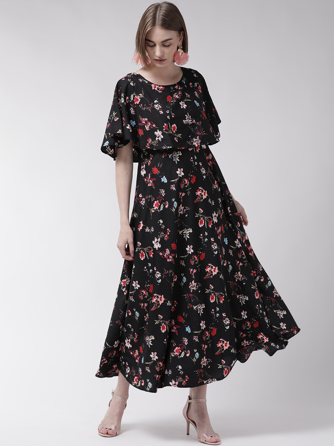 

U&F Women Black & Red Floral Print Maxi Dress
