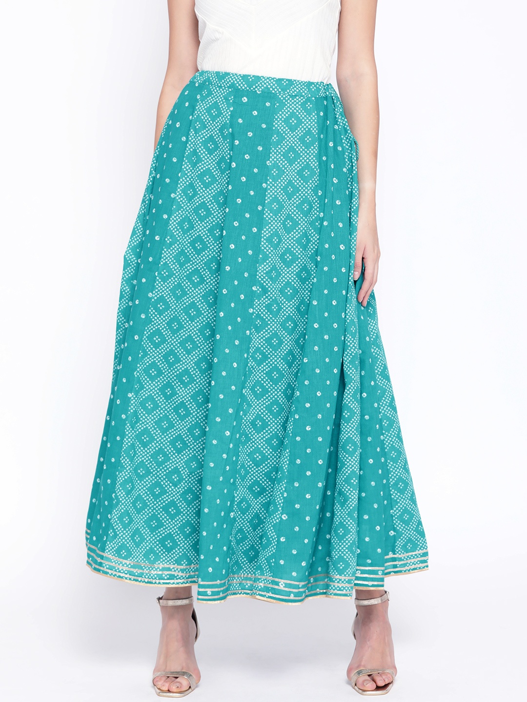 

Rangriti Women Sea Green & White Printed Flared Maxi Skirt