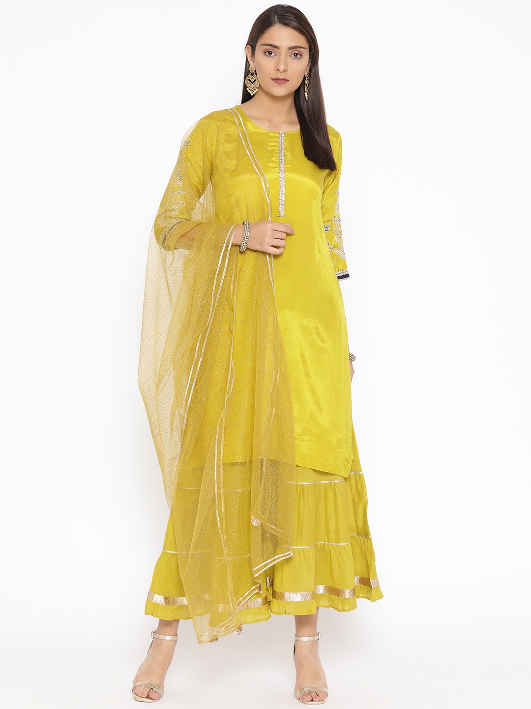 

Rangriti Women Green Solid Kurta with Sharara & Dupatta