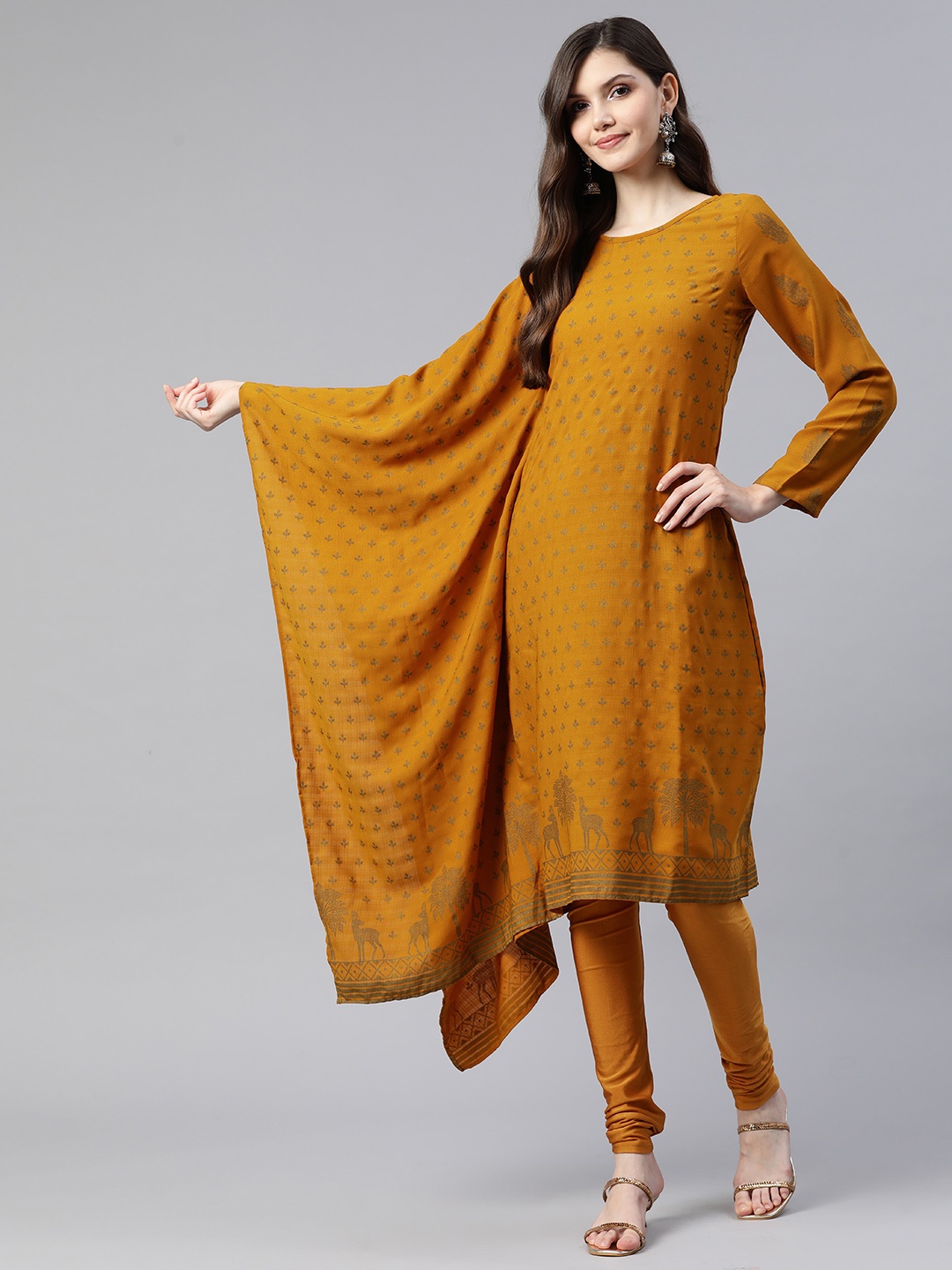 

Rangriti Women Ethnic Motifs Printed Kurta with Trousers & Dupatta, Mustard