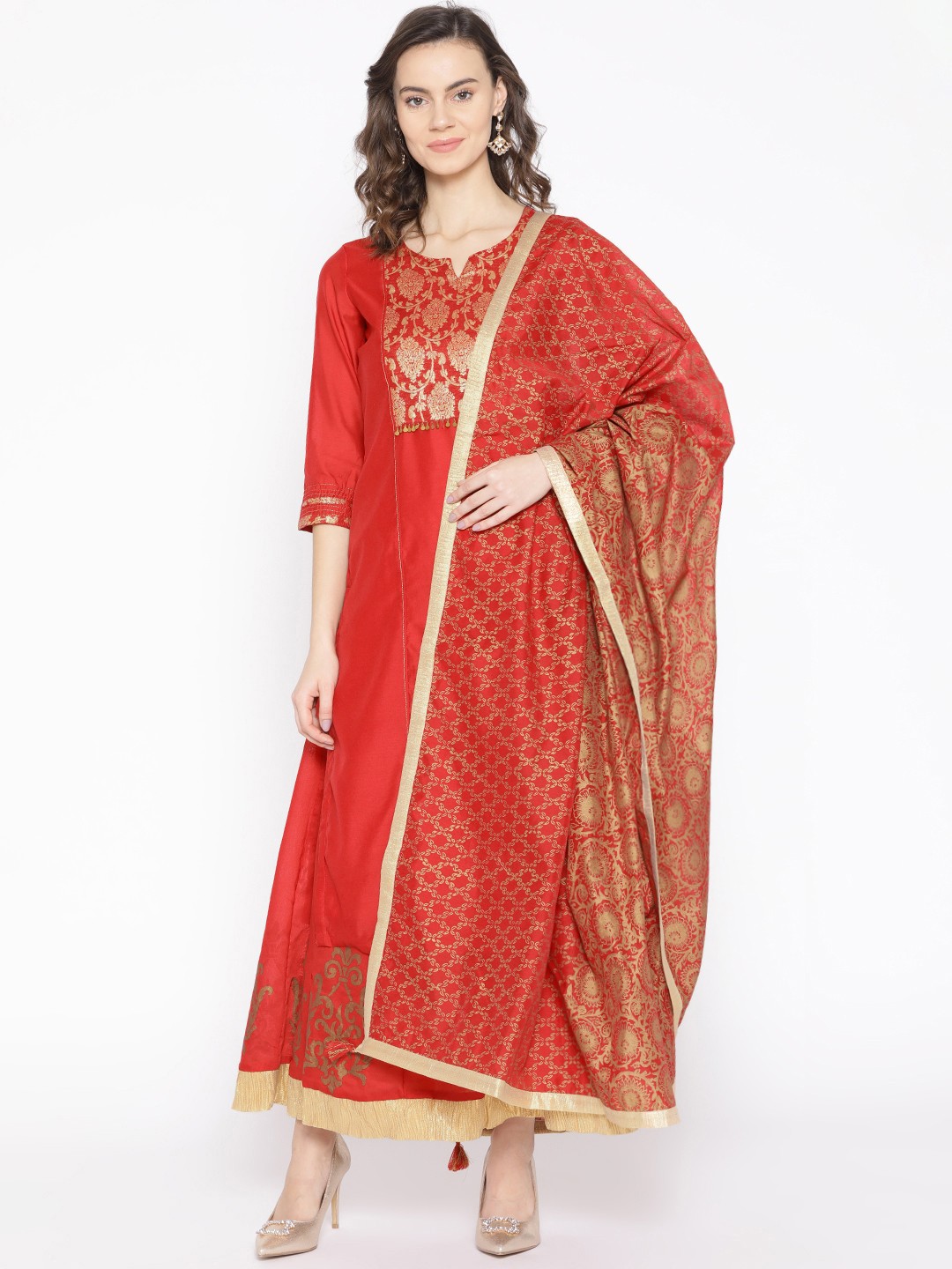 

Rangriti Women Red & Golden Yoke Design Kurta with Skirt & Dupatta