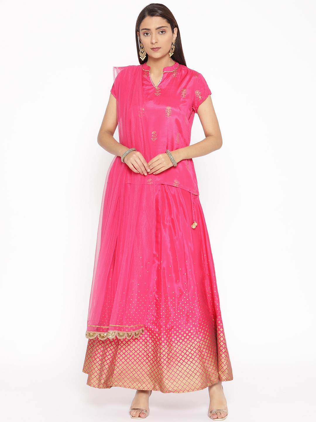 

Rangriti Women Pink & Golden Printed Top with Skirt & Dupatta