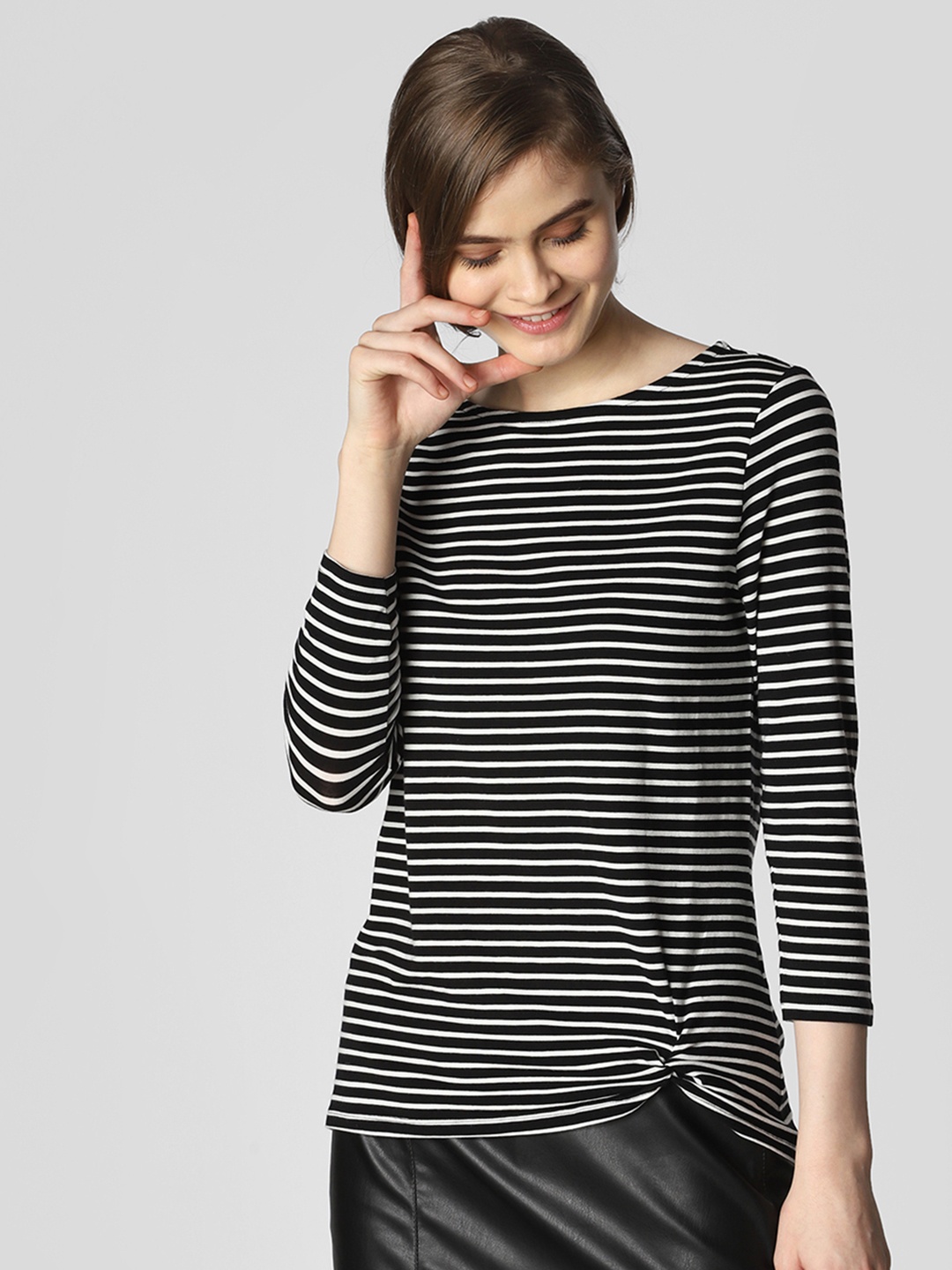 

Vero Moda Women Black & White Striped Round Neck T-shirt