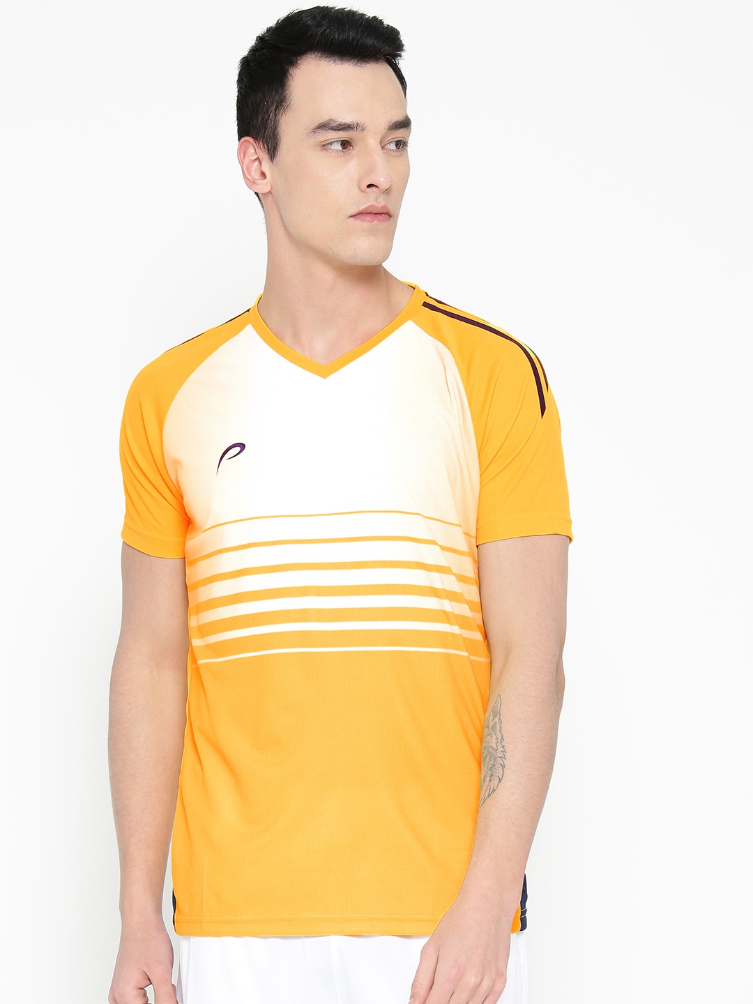 

Proline Active Men Yellow & White Striped V-Neck Football T-shirt