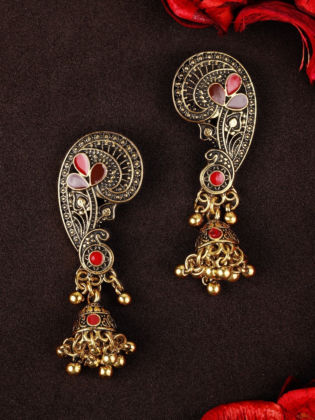 

Rubans Gold-Toned & Black Paisley Shaped Jhumkas