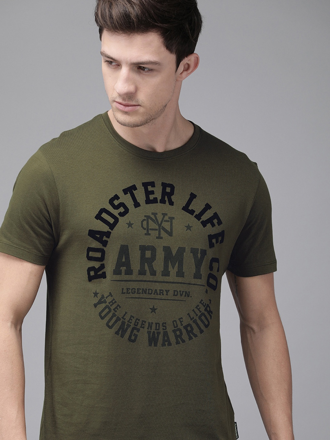 

Roadster Men Olive Green Brand Carrier Printed Round Neck Pure Cotton T-shirt