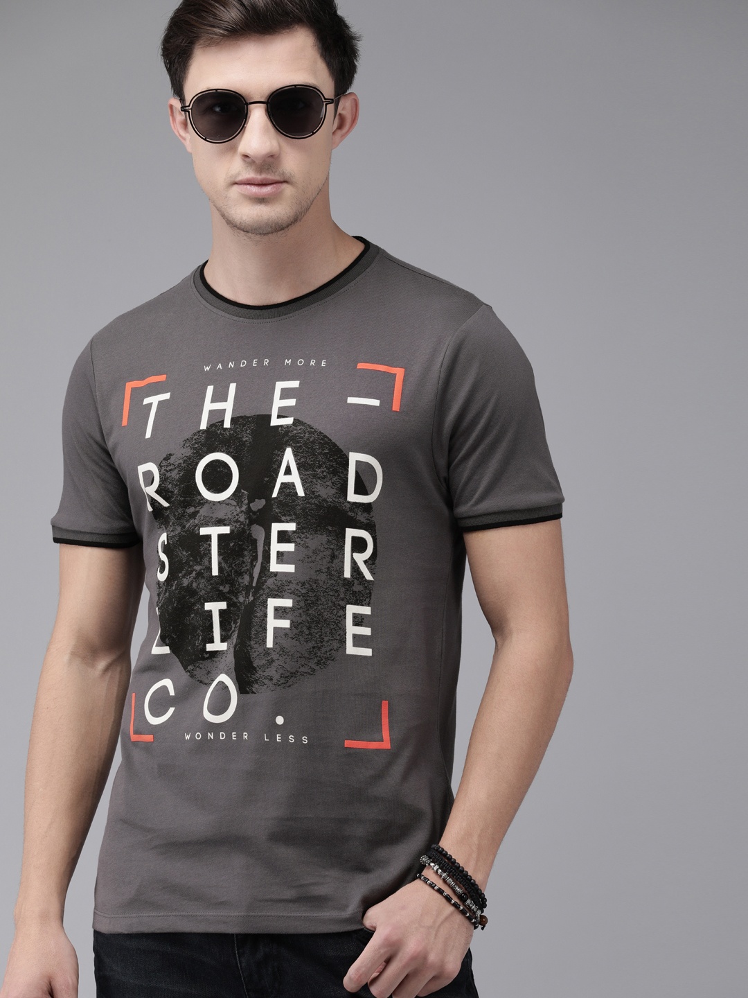 

Roadster Men Grey Printed Round Neck Pure Cotton T-shirt