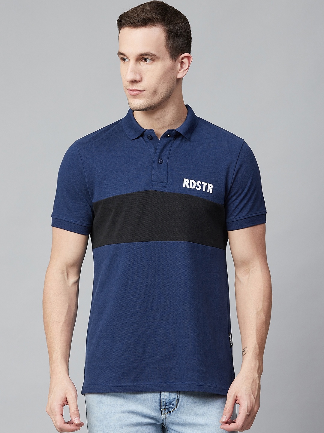 

The Roadster Lifestyle Co Men Blue & Black Colourblocked Polo Collar T-shirt