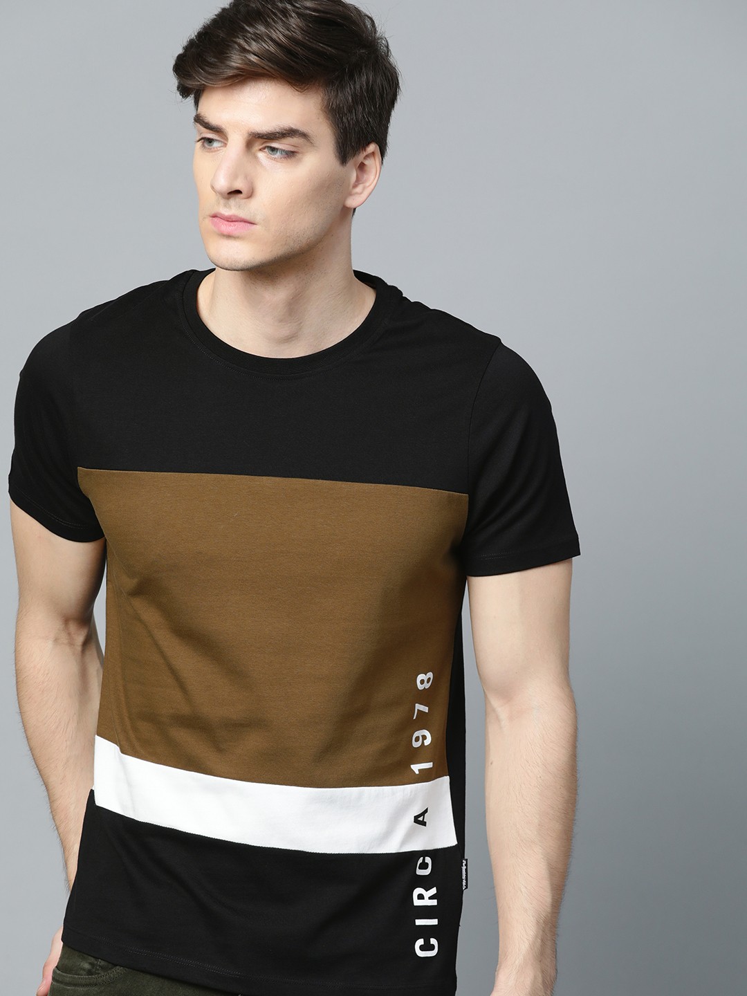 

The Roadster Lifestyle Co Men Black & Olive Brown Colourblocked Cotton T-shirt