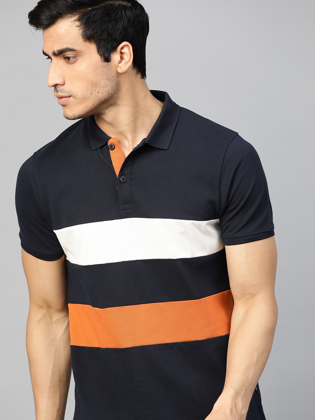 

The Roadster Lifestyle Co Men Navy Blue & White Striped Polo Collar T-shirt