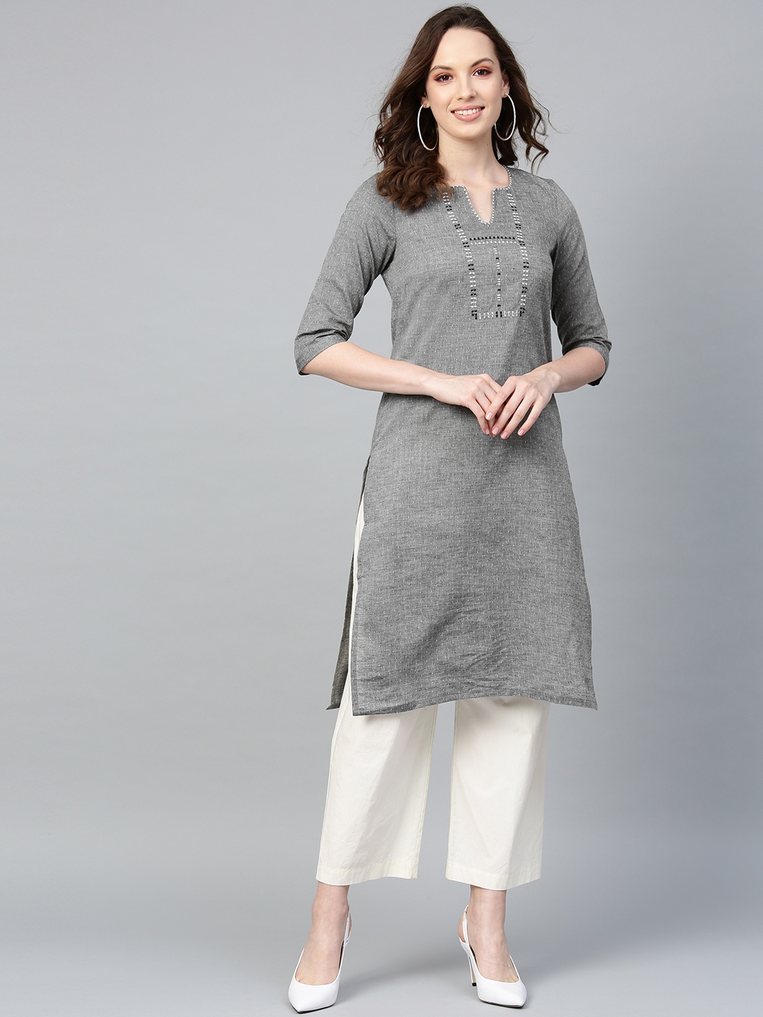 

W Women Grey Woven Design Straight Kurta