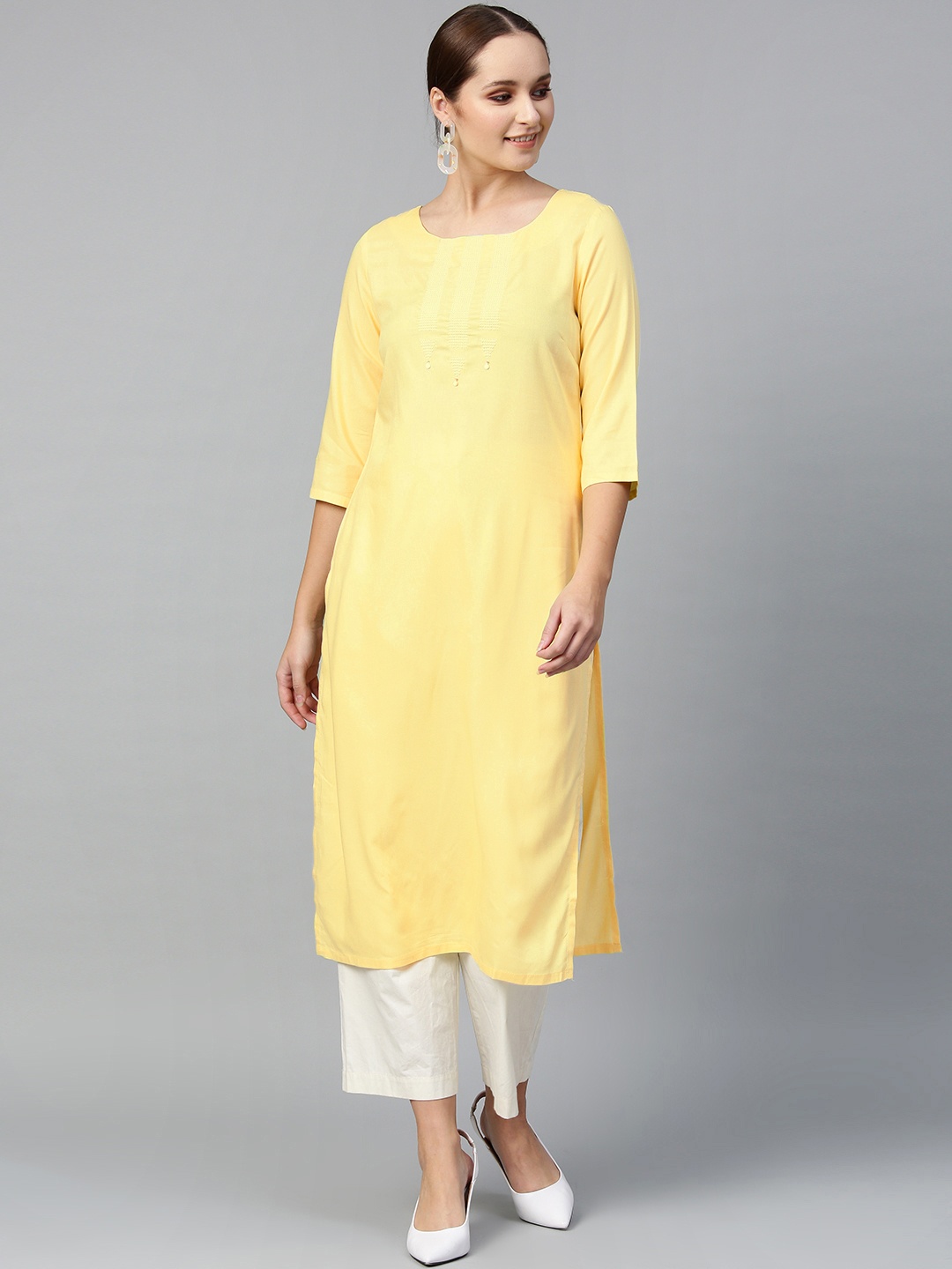 

W Women Yellow Yoke Design Straight Kurta