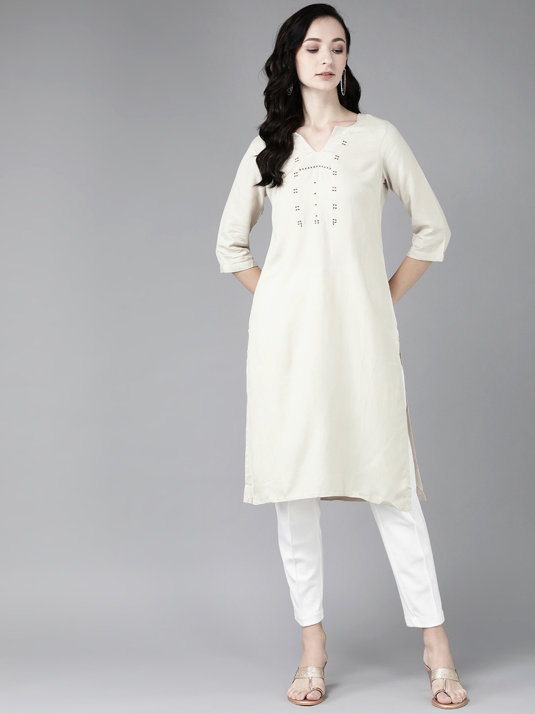 

W Women Beige Geometric Yoke Design Kurta