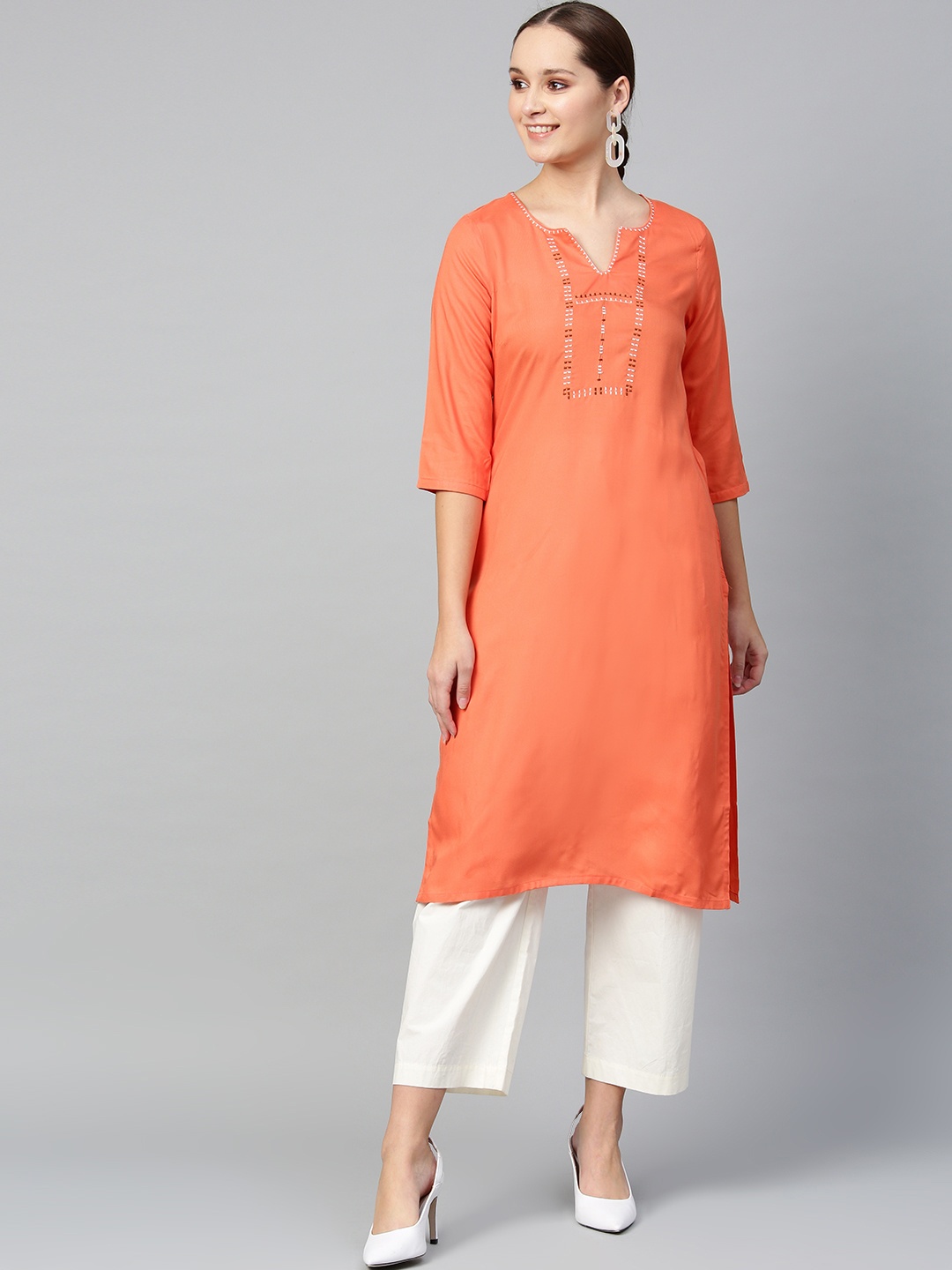

W Women Orange Yoke Design Straight Kurta