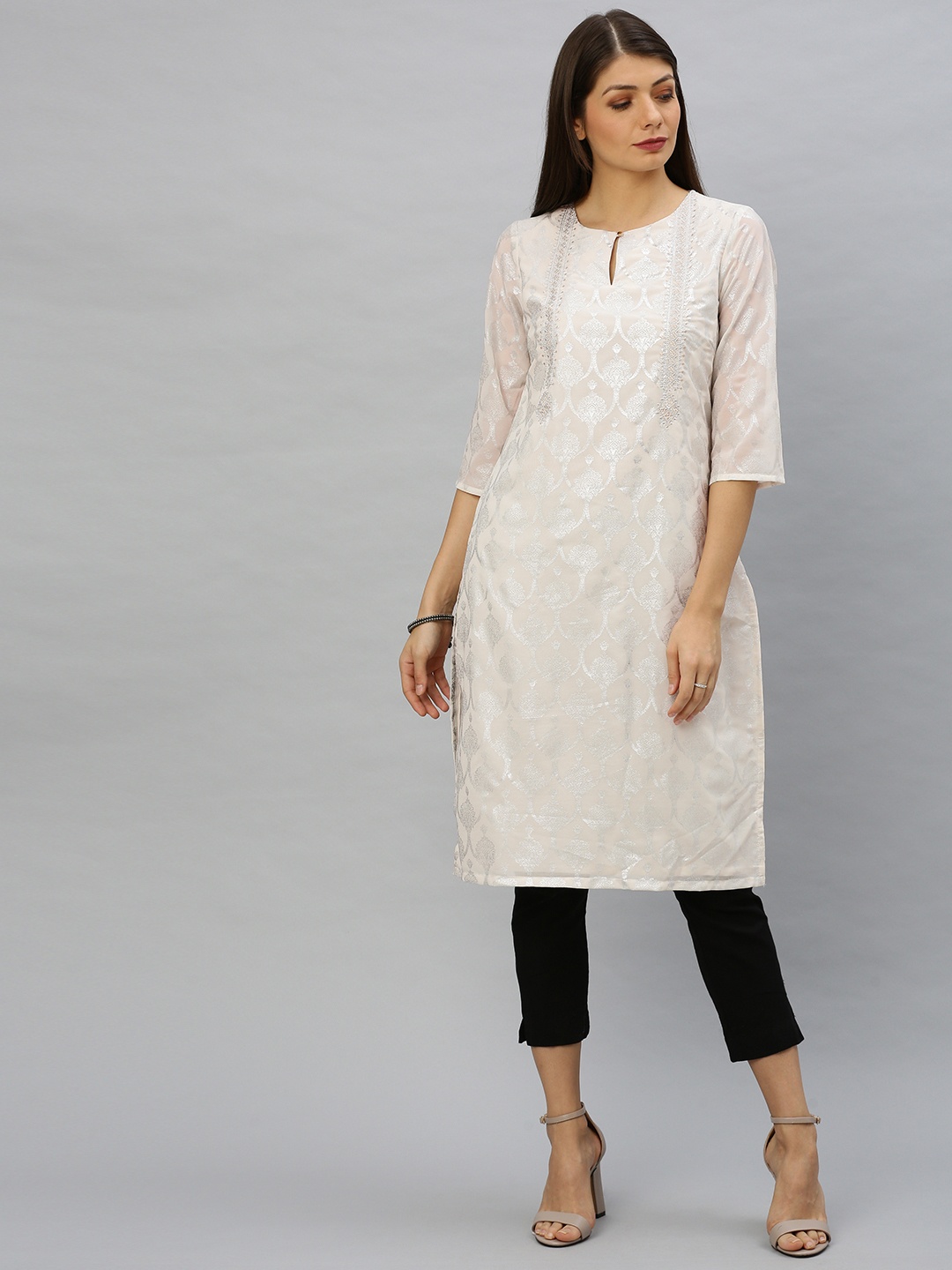 

W Women Off-White Printed Straight Kurta with Embroidery Detail