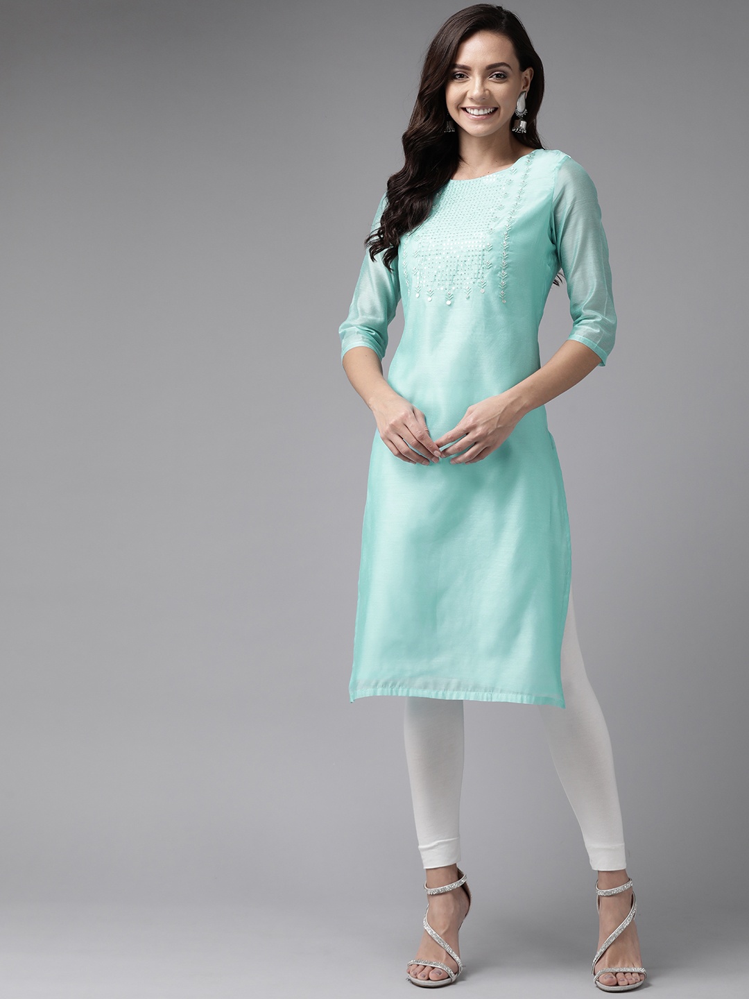 

W Women Blue Yoke Design Straight Kurta