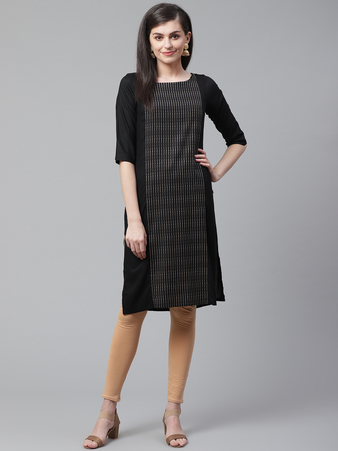 

W Women Black & Beige Self-Striped Straight Kurta