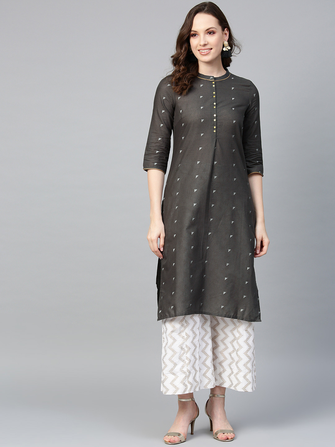 

W Women Charcoal Grey Printed Straight Kurta