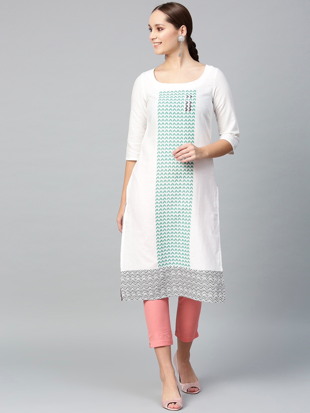 

W Women White & Green Printed Straight Kurta