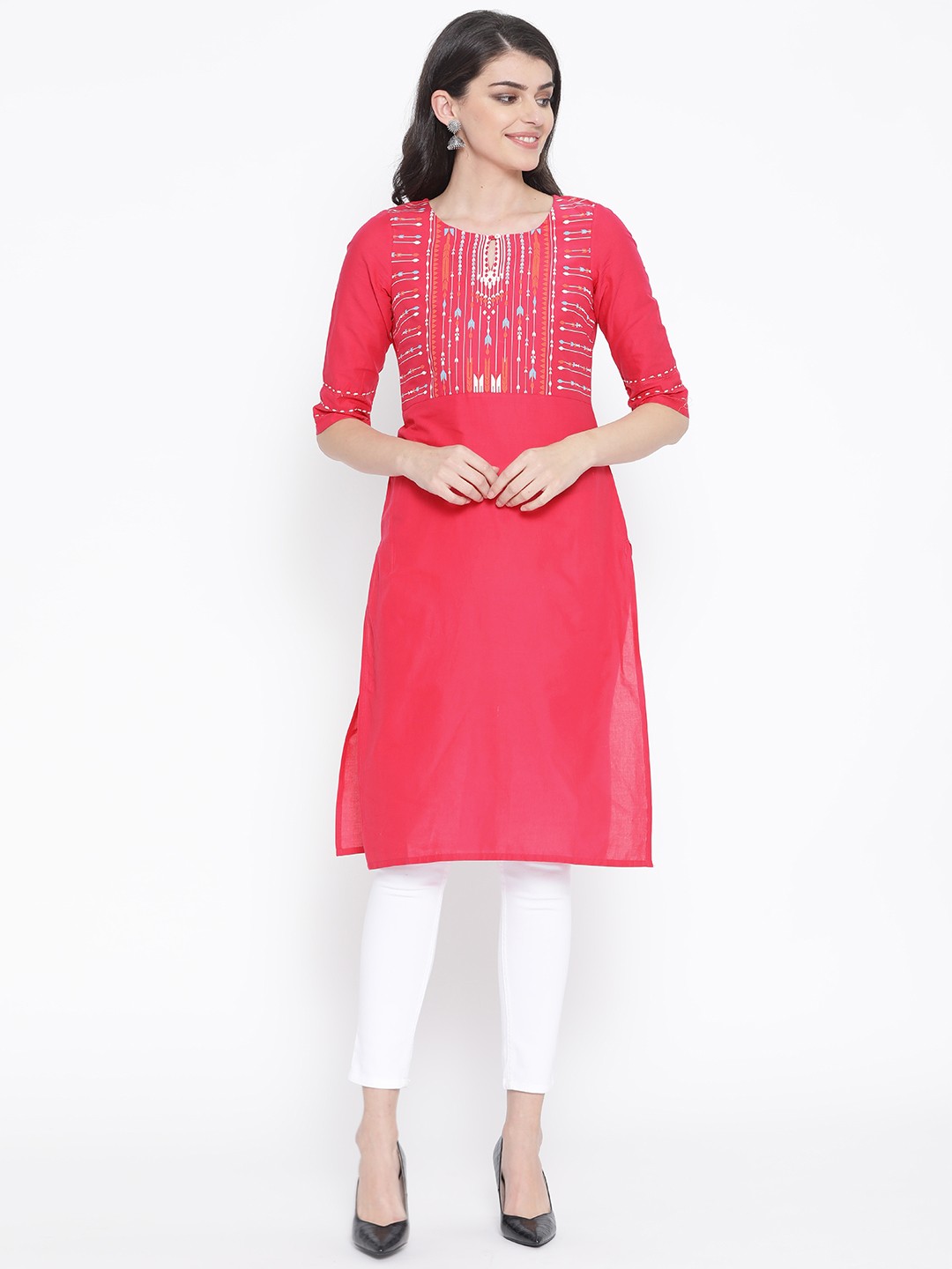 

W Women Pink Yoke Design Straight Kurta