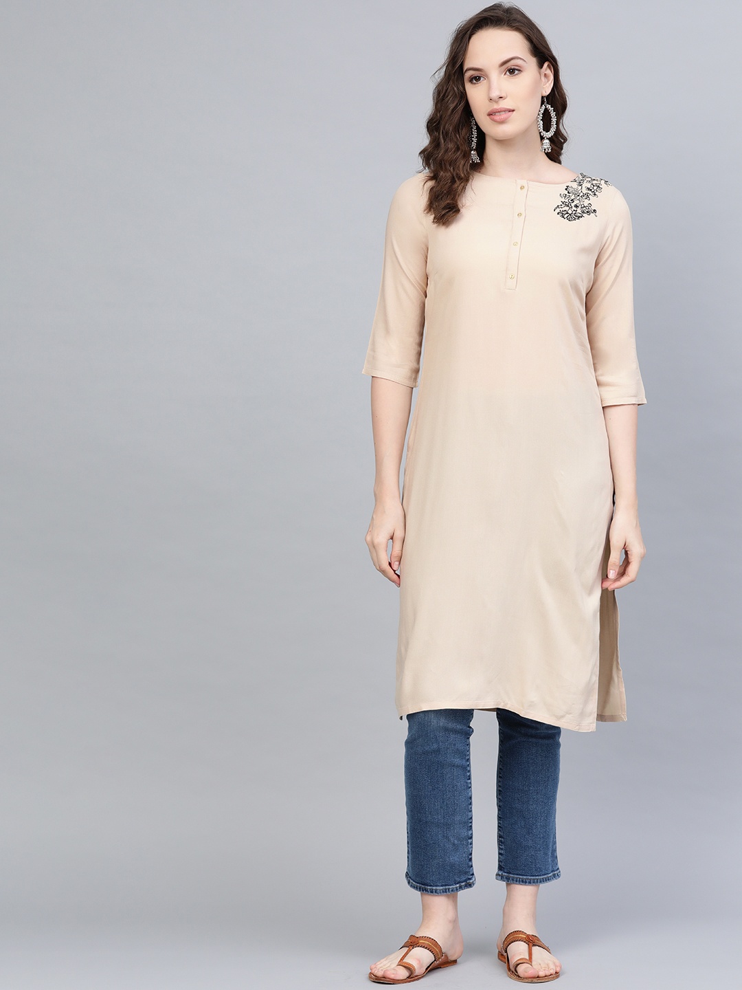 

W Women Beige Solid Straight Kurta