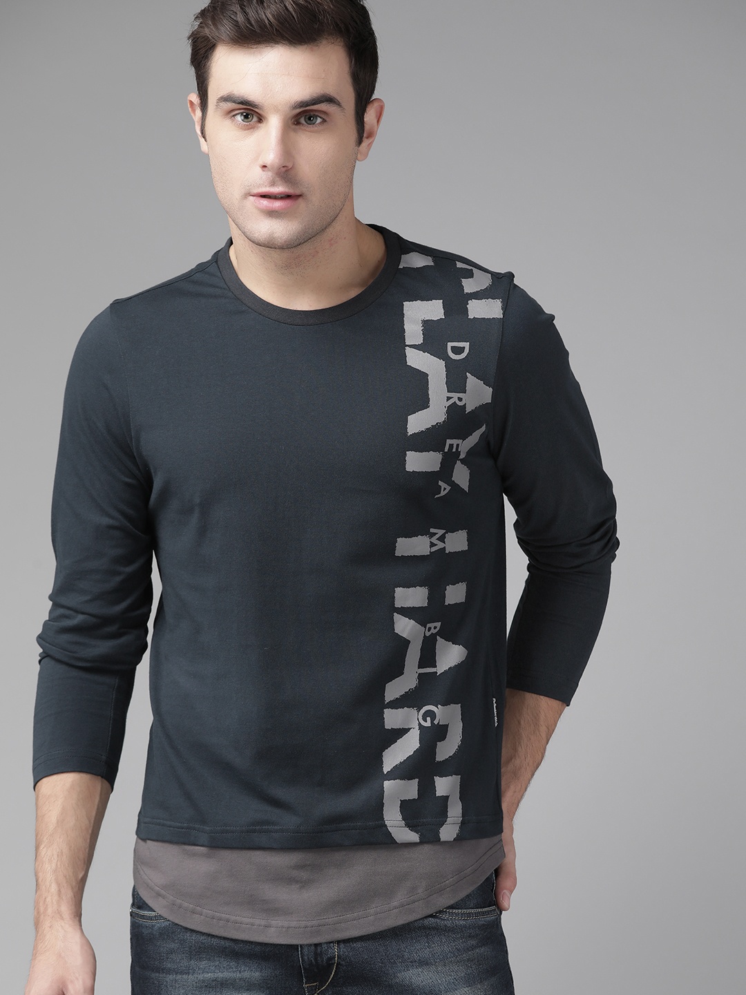 

Roadster Men Navy Blue Grey Printed Round Neck T-shirt