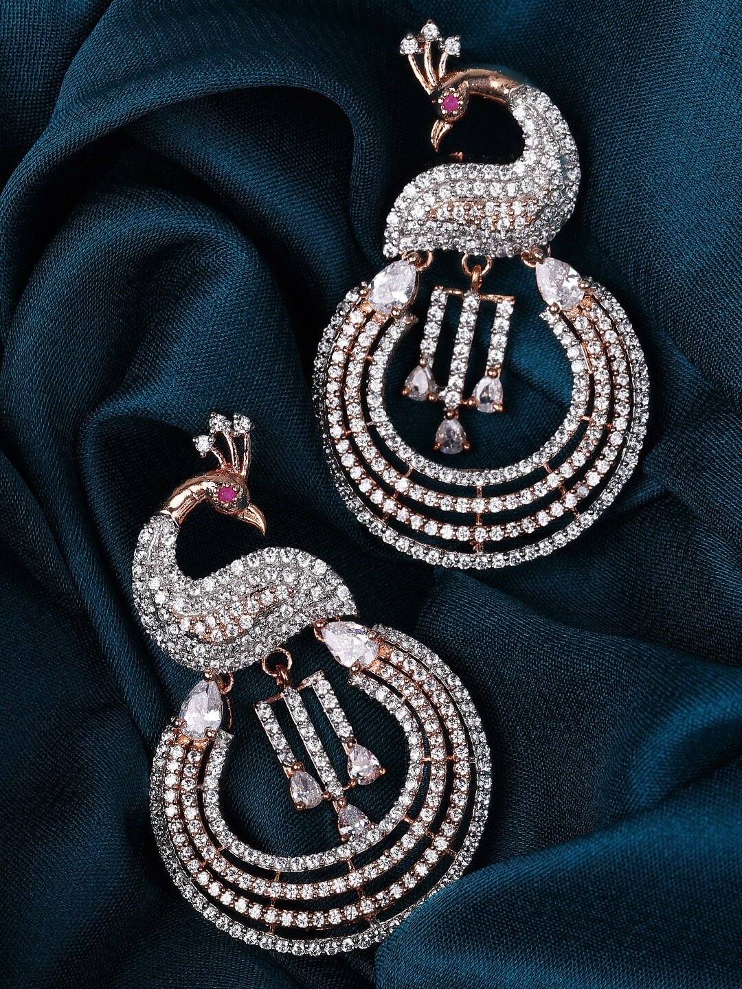 

Rubans White & Gold-Toned CZ Studded Peacock Shaped Drop Earrings