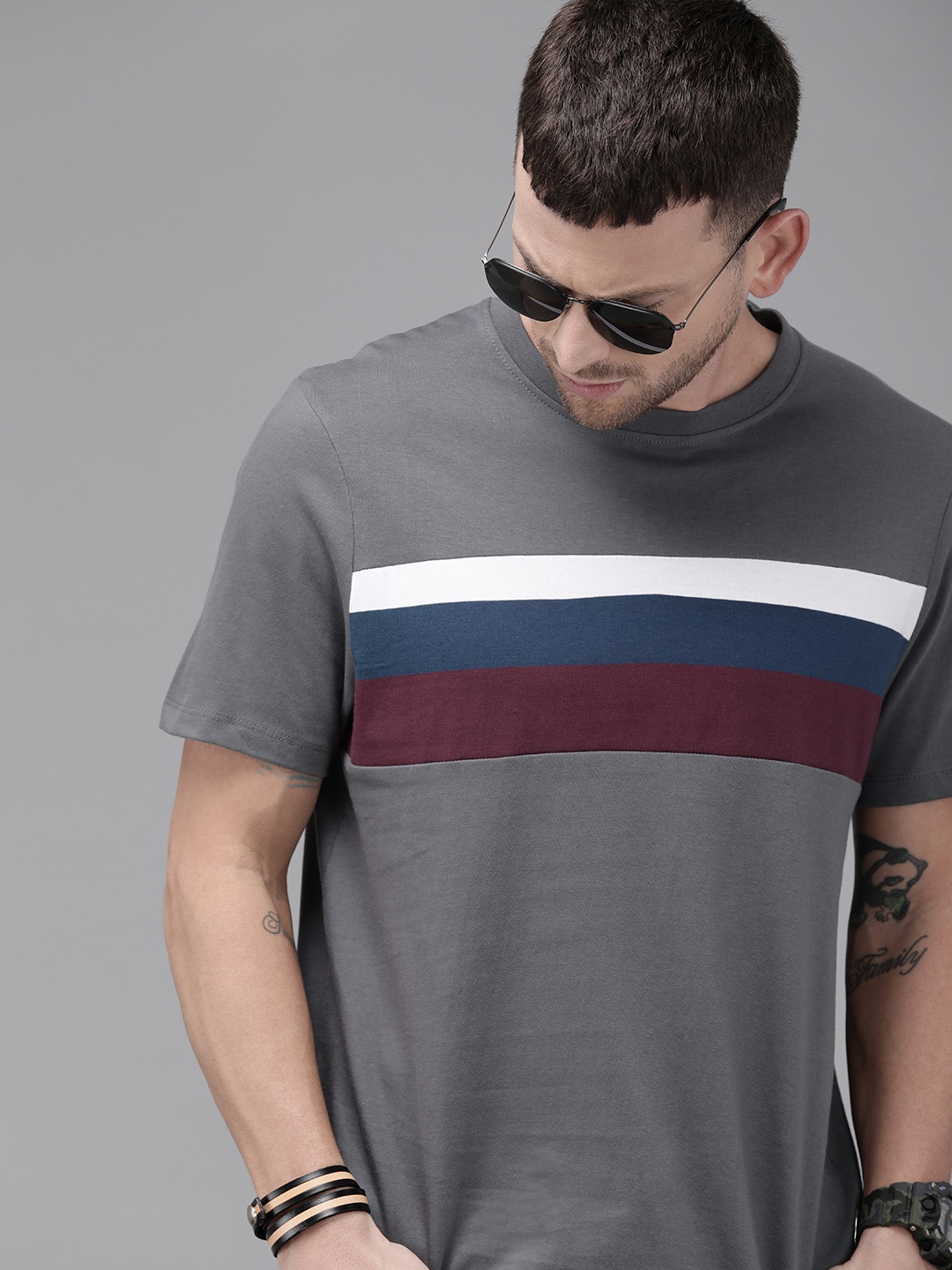 

The Roadster Lifestyle Co Men Grey White Striped Round Neck Pure Cotton T-shirt