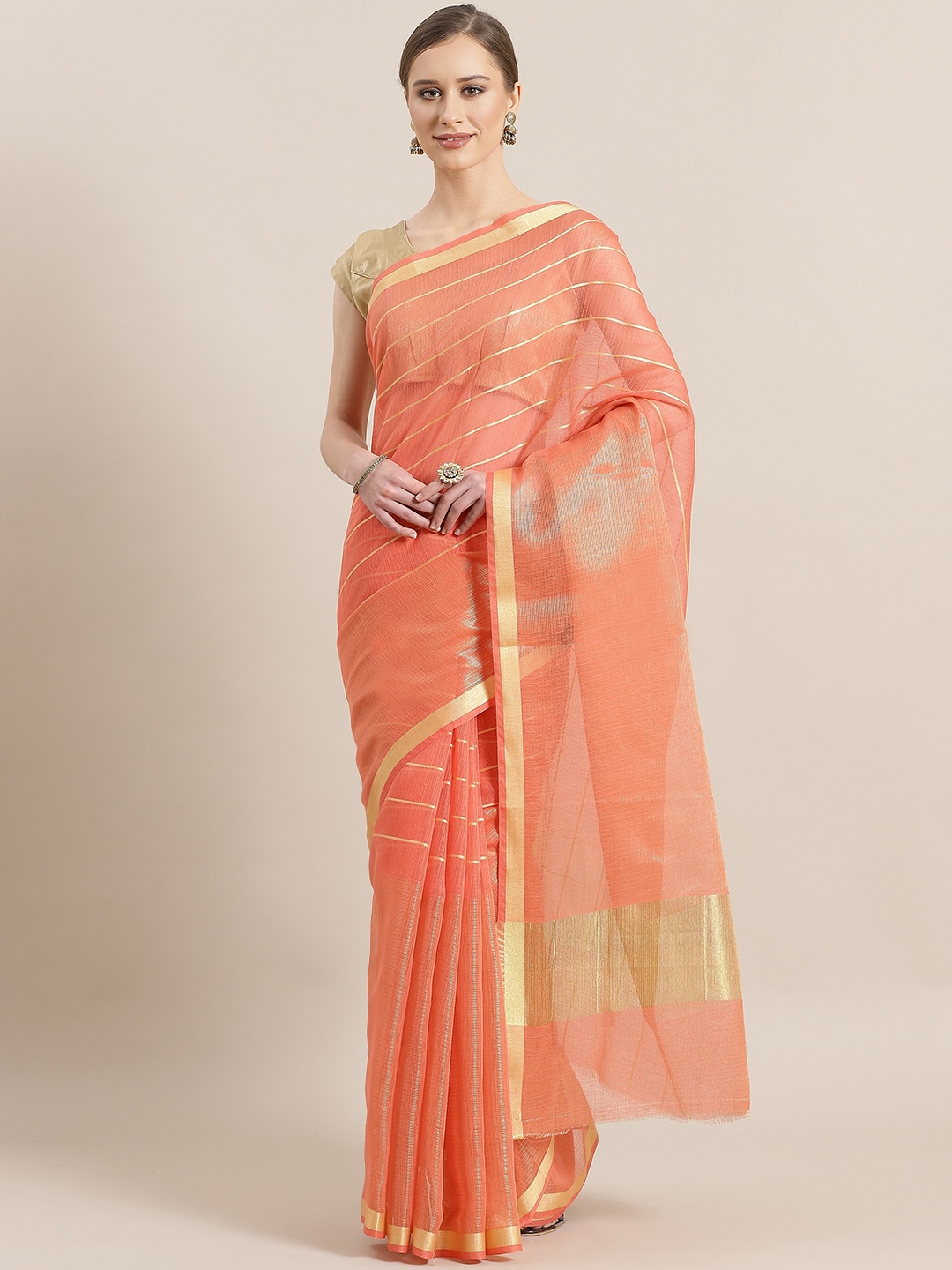 

Chhabra 555 Peach-Coloured & Golden Striped Zari Chanderi Saree
