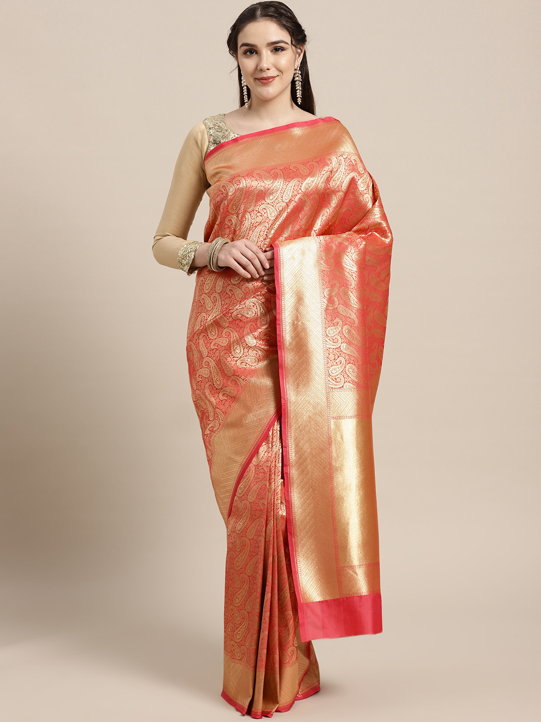 

Chhabra 555 Pink & Golden Zari Woven Design Kanjeevaram Saree