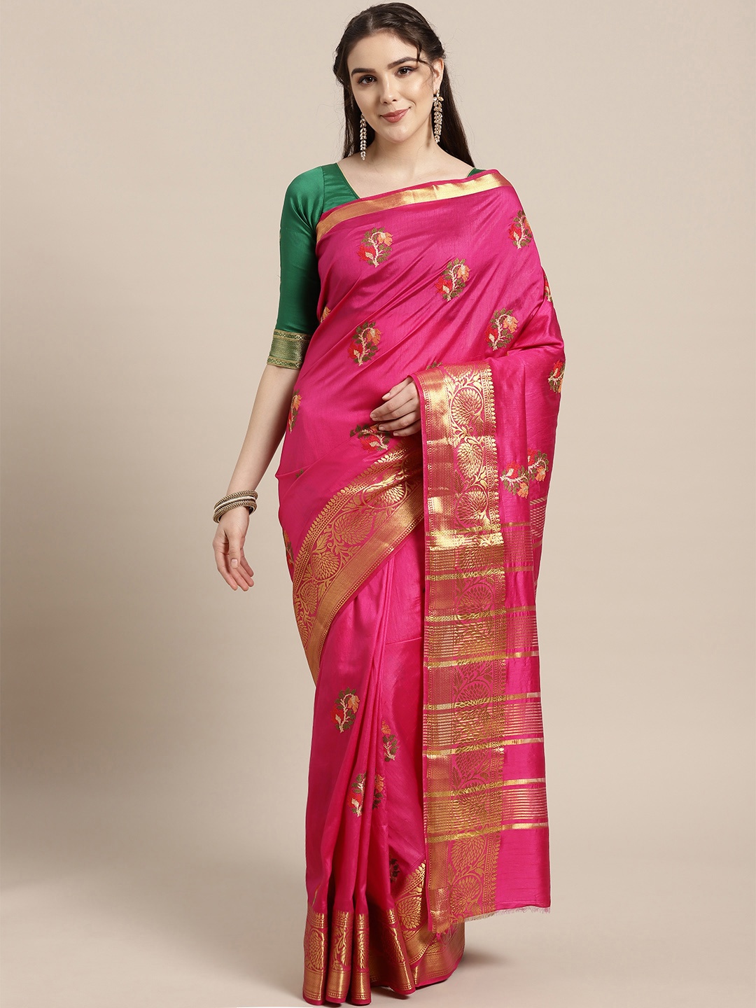 

Chhabra 555 Pink & Golden Resham Embroidered Mysore Silk Saree