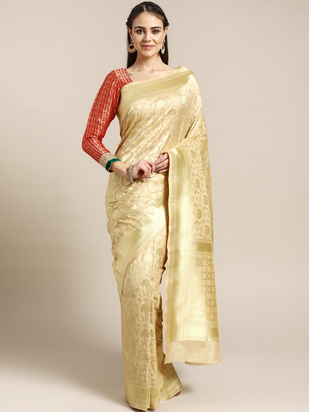 

Chhabra 555 Cream-Coloured & Beige Zari Woven Design Kanjeevaram Saree