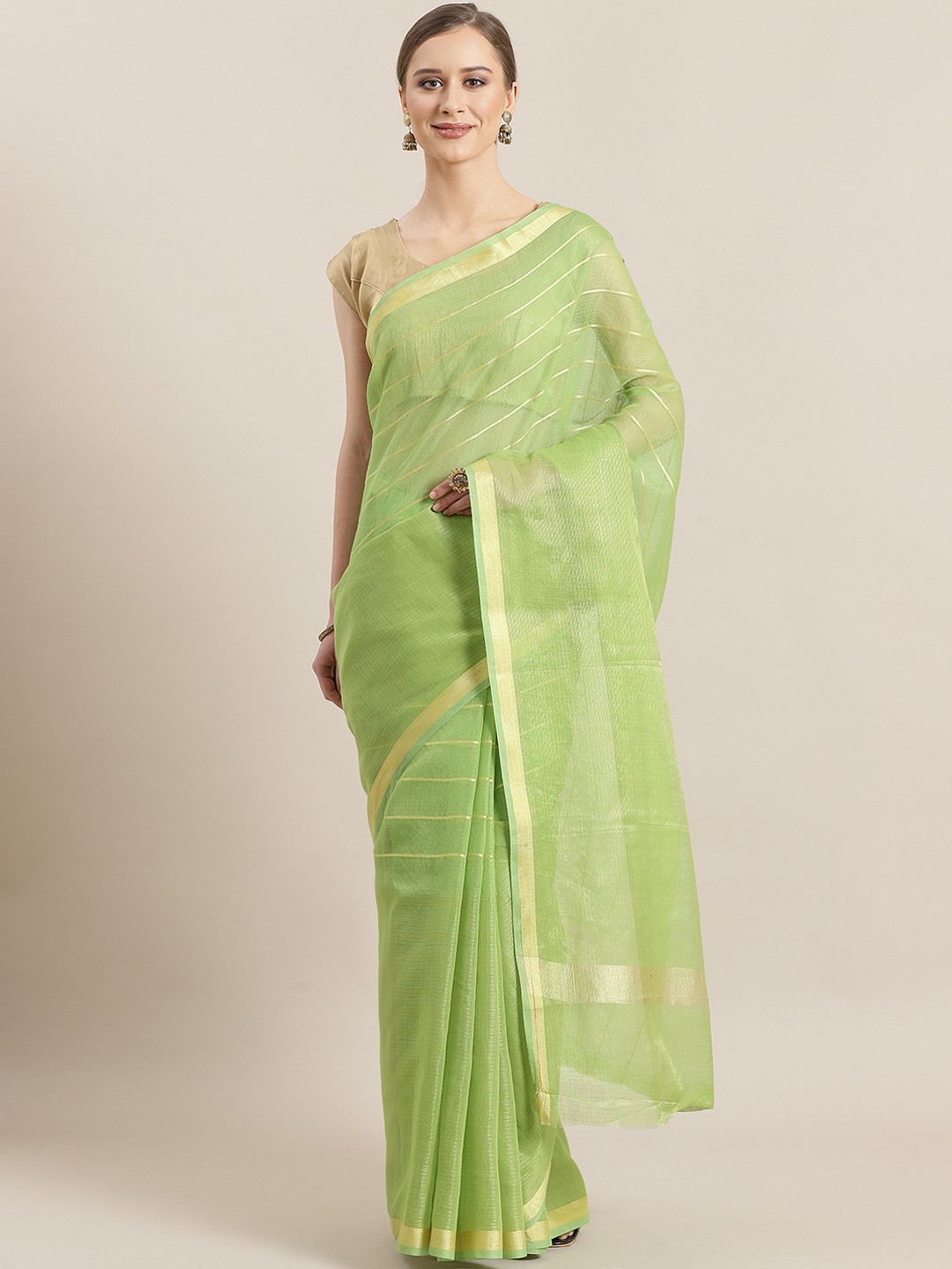 

Chhabra 555 Green & golden Striped Zari Chanderi Saree