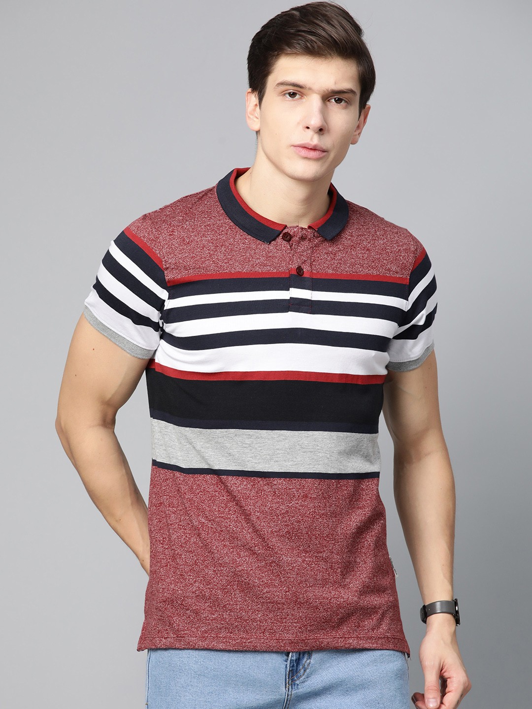 

The Roadster Lifestyle Co Men Maroon & Striped Polo Collar T-shirt