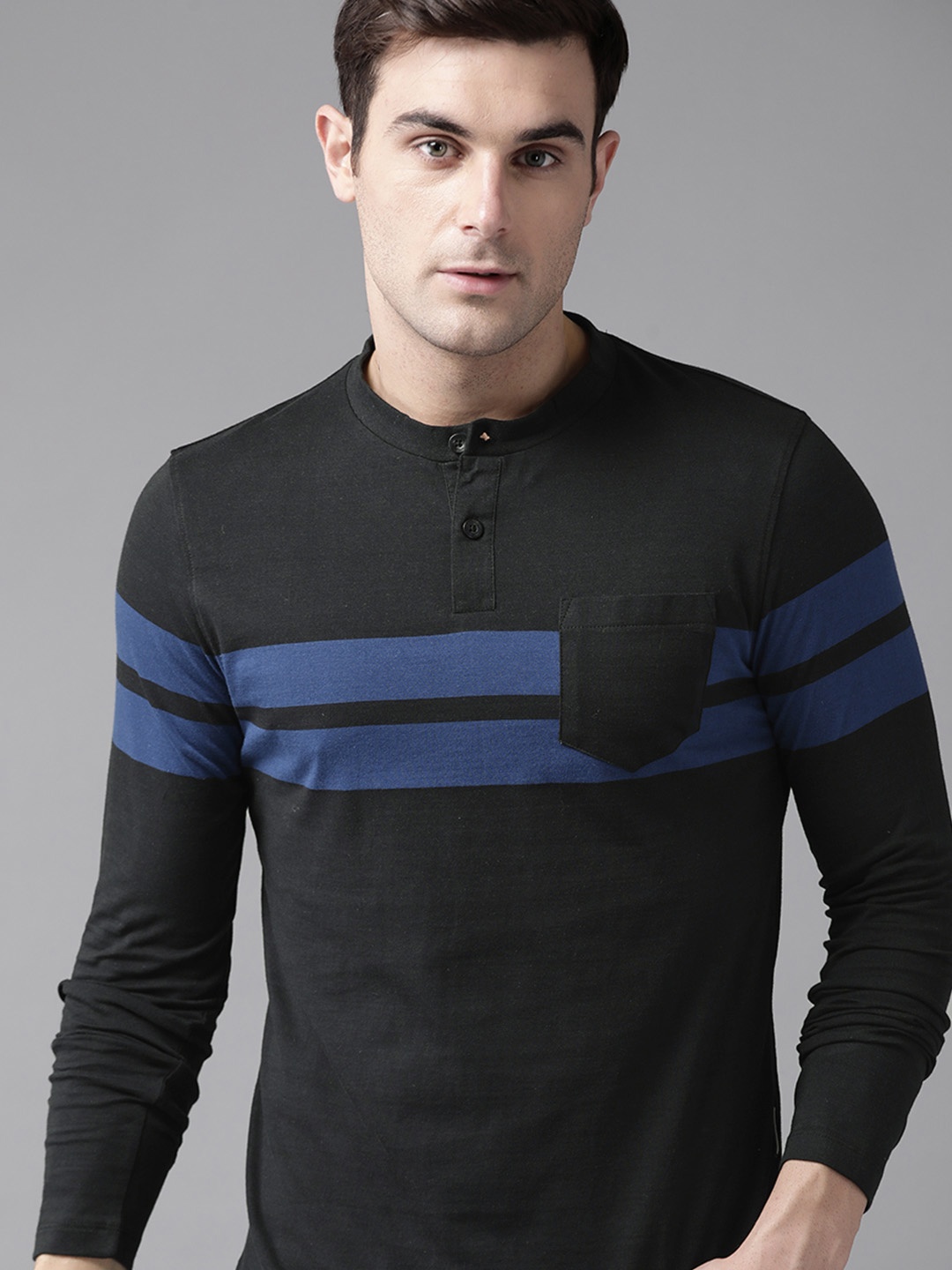 

The Roadster Lifestyle Co Men Black & Blue Striped Henley Neck T-shirt