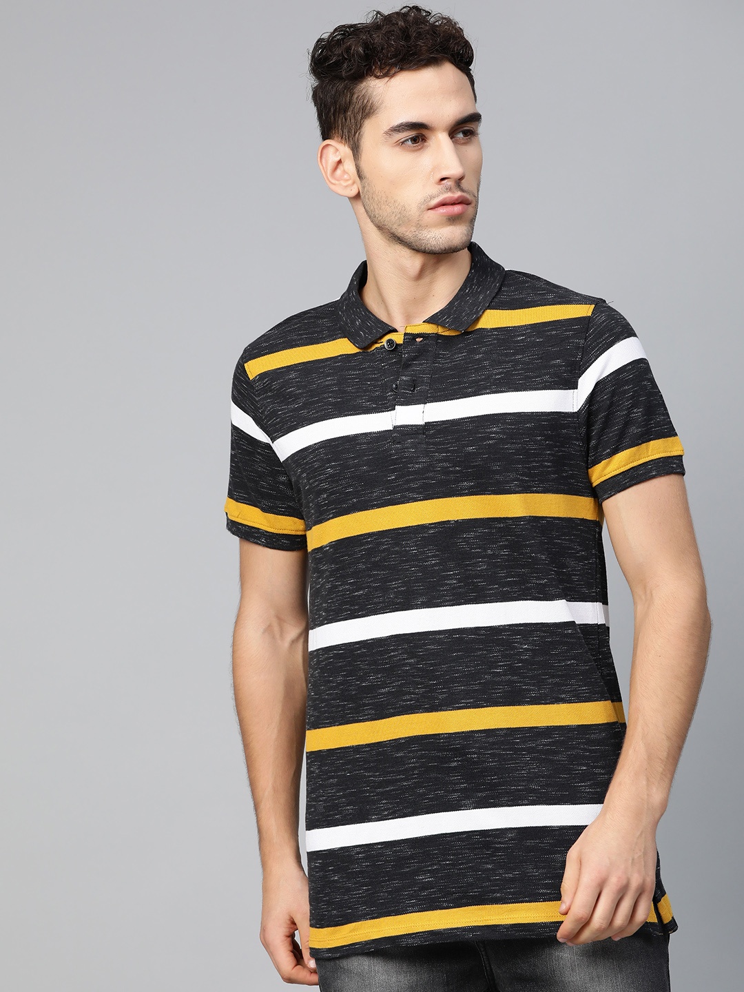 

The Roadster Lifestyle Co Men Charcoal Grey Mustard Yellow Striped Polo Collar Pure Cotton T-shirt