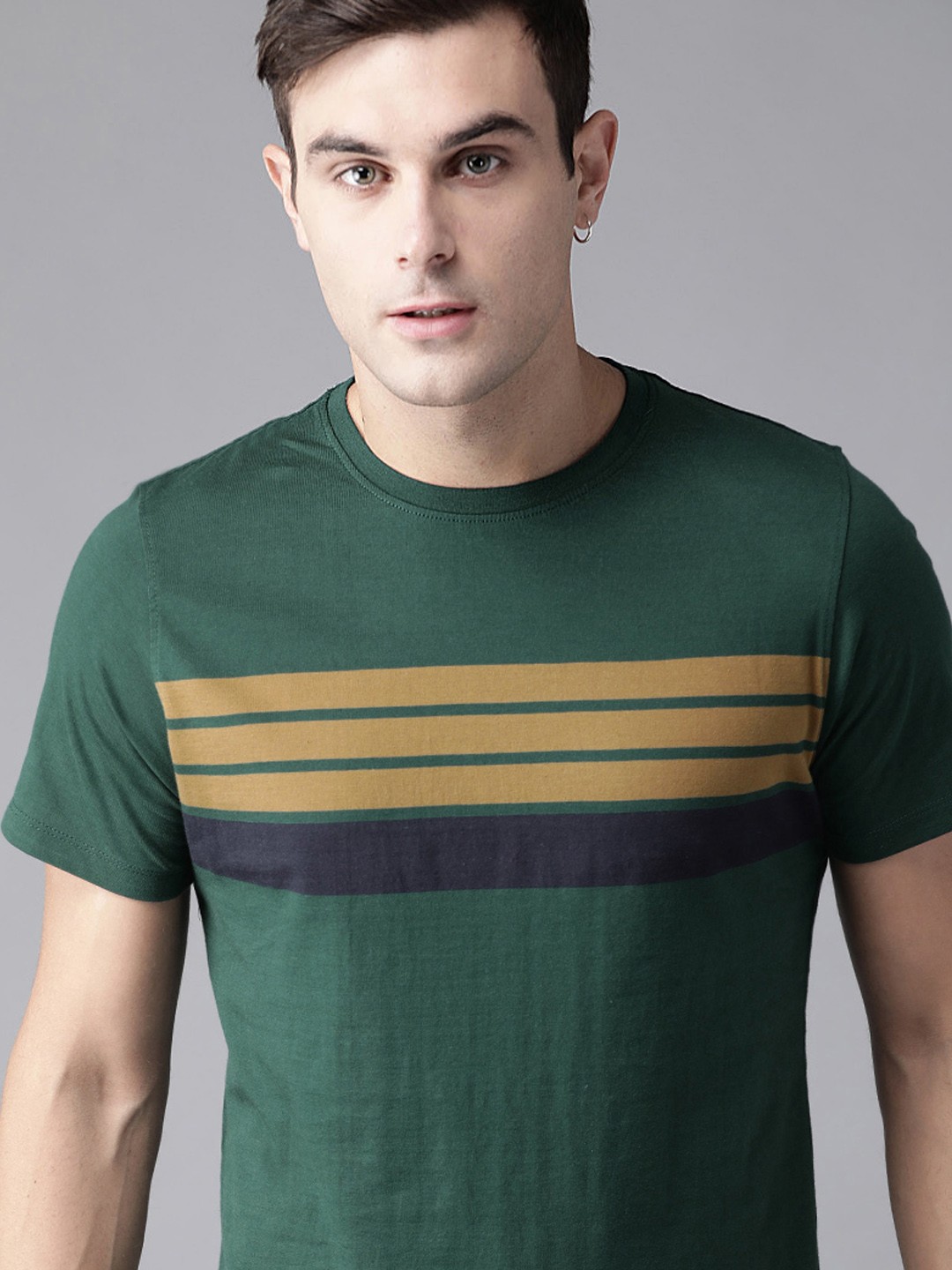 

The Roadster Lifestyle Co Men Green & Beige Striped Round Neck T-shirt