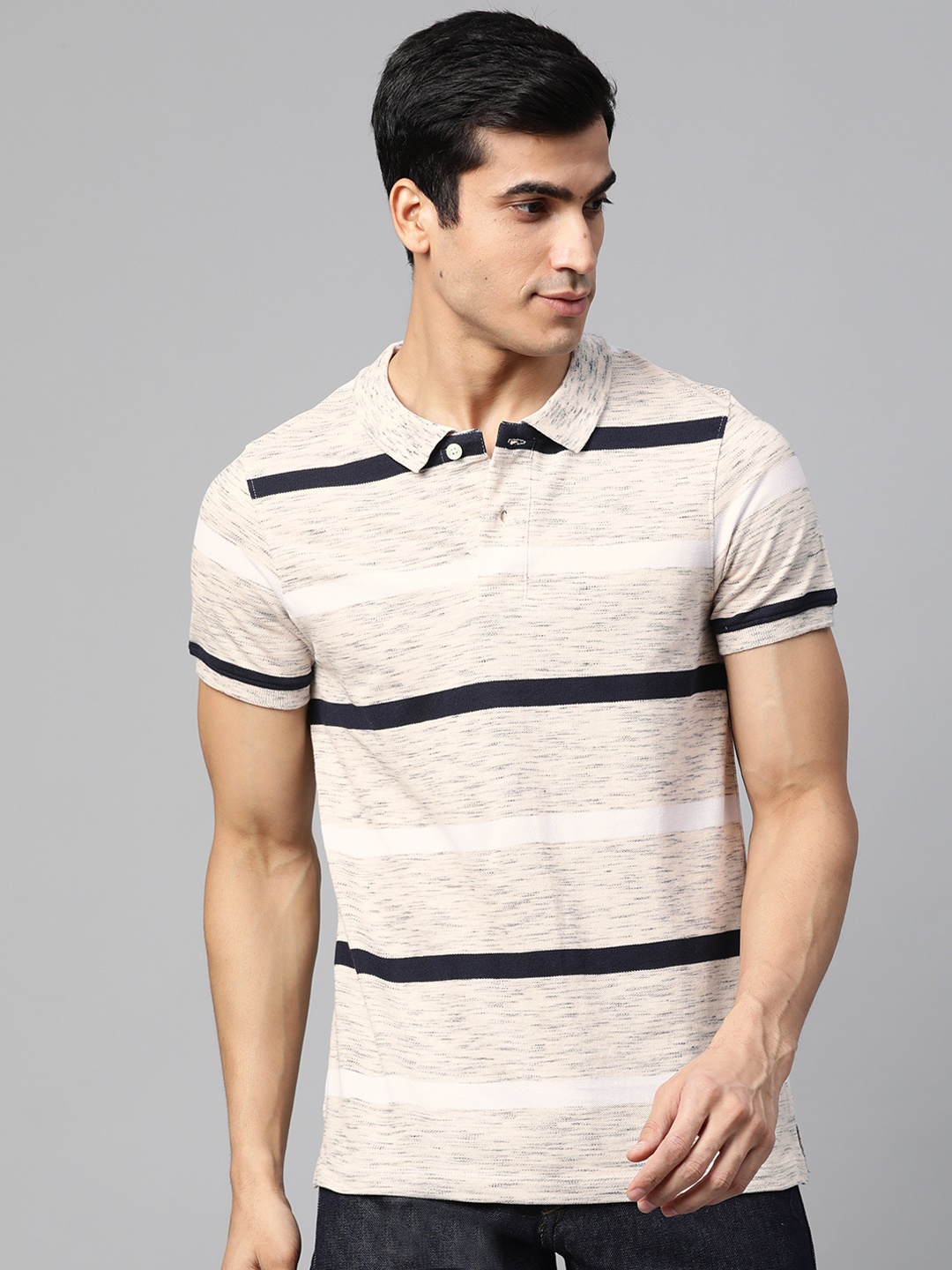 

The Roadster Lifestyle Co Men Cream-Coloured & Navy Blue Striped Polo Collar T-shirt
