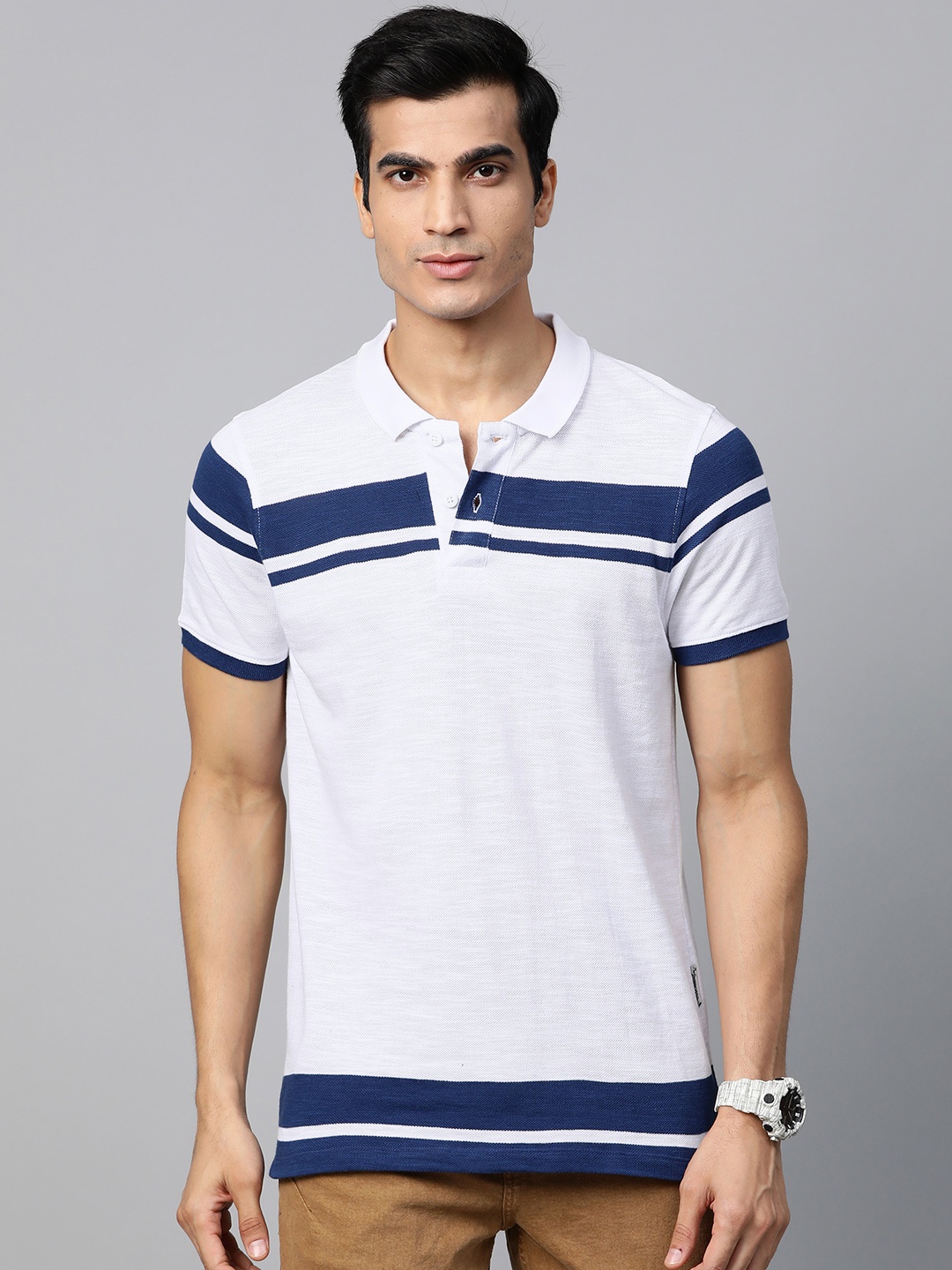 

The Roadster Lifestyle Co Men White & Navy Blue Striped Polo Collar T-shirt