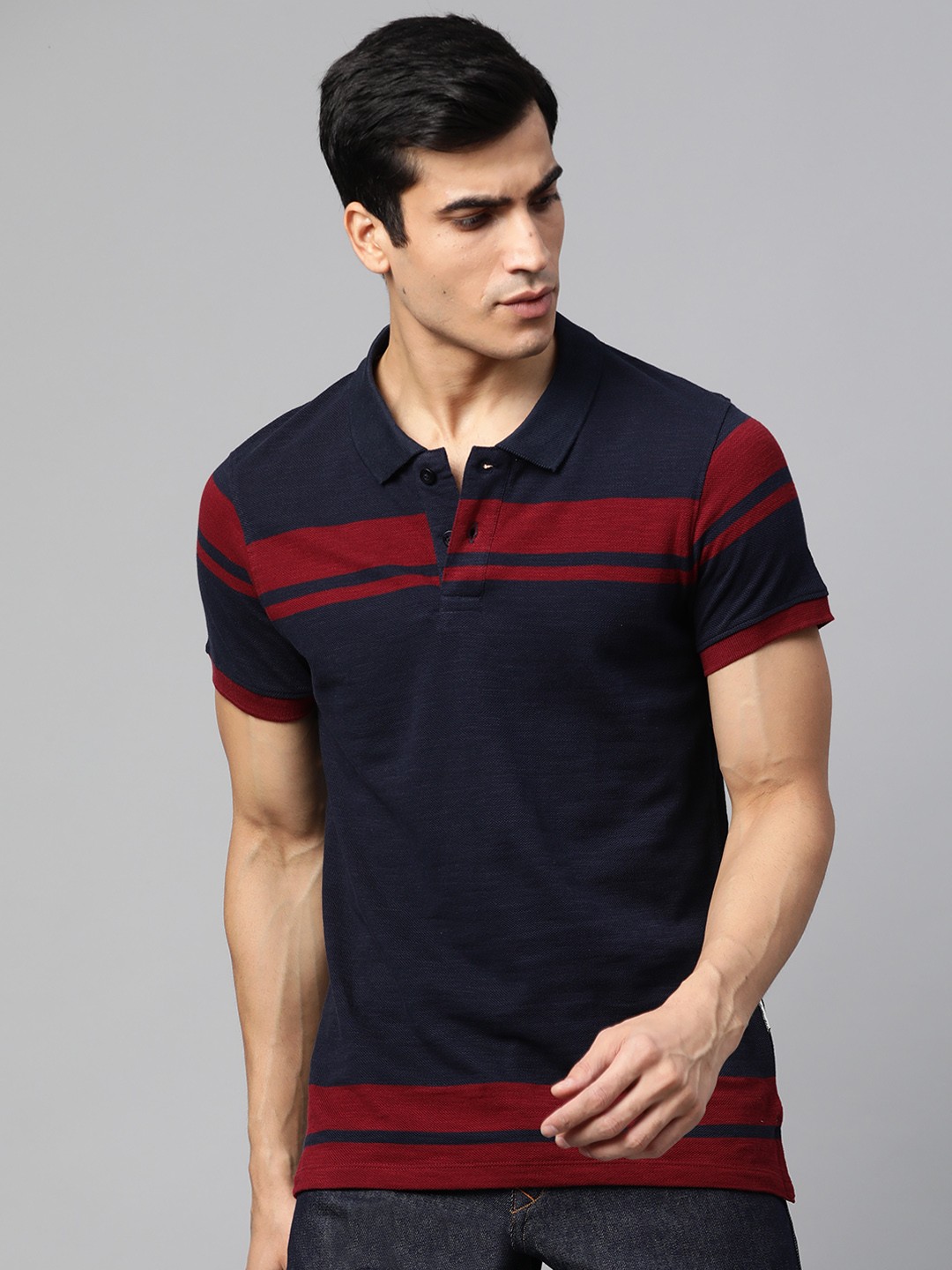 

The Roadster Lifestyle Co Men Navy Blue & Maroon Striped Detail Polo Collar T-shirt