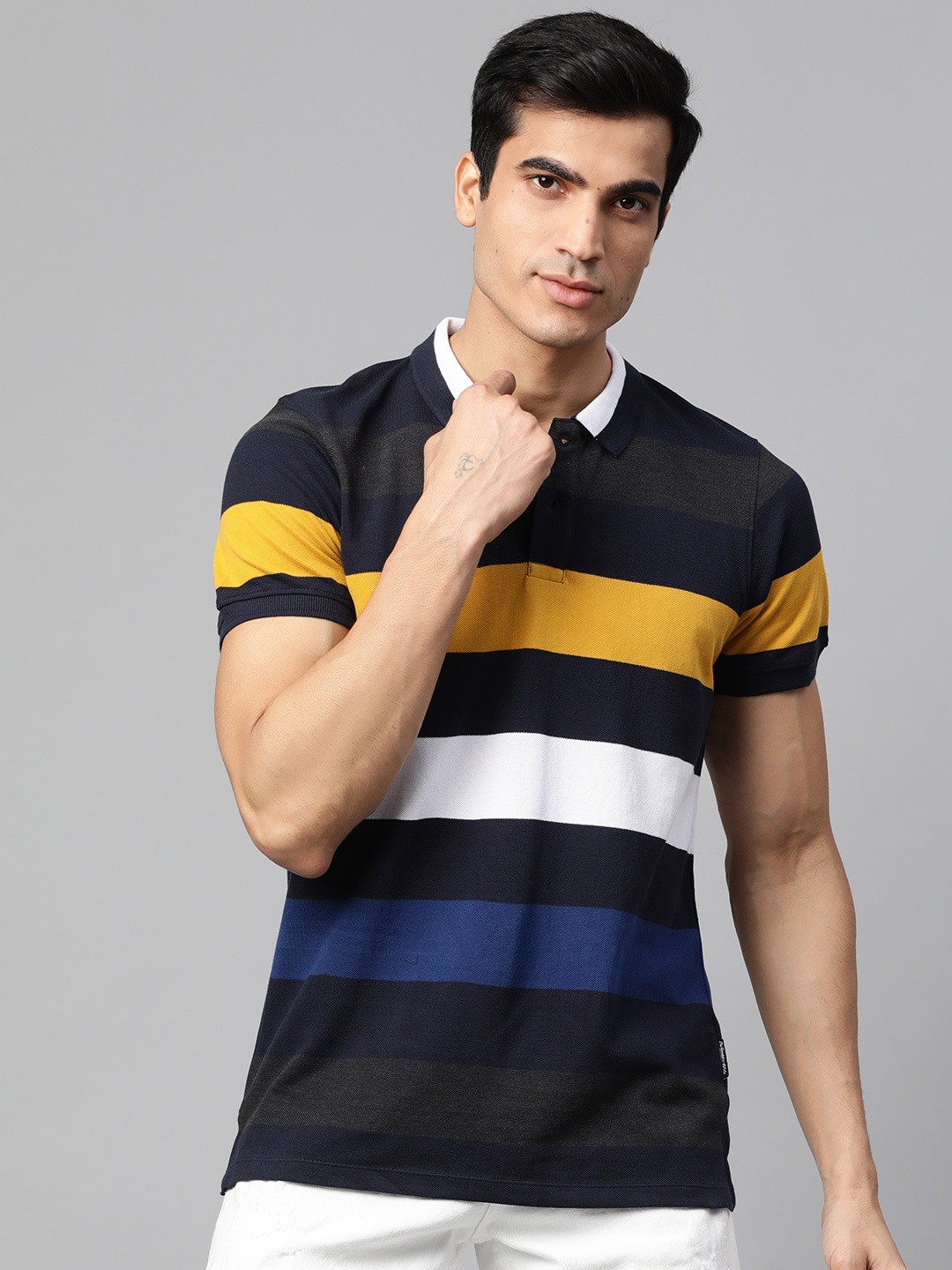 

The Roadster Lifestyle Co Men Navy Blue & White Striped Polo Collar T-shirt