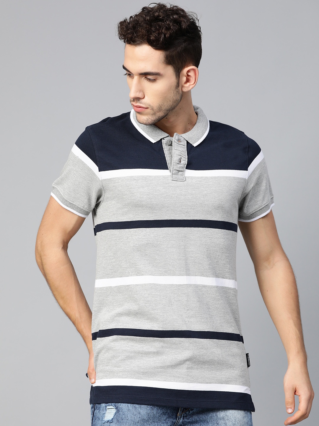

The Roadster Lifestyle Co Men Grey Melange & Navy Blue Striped Polo Collar T-shirt