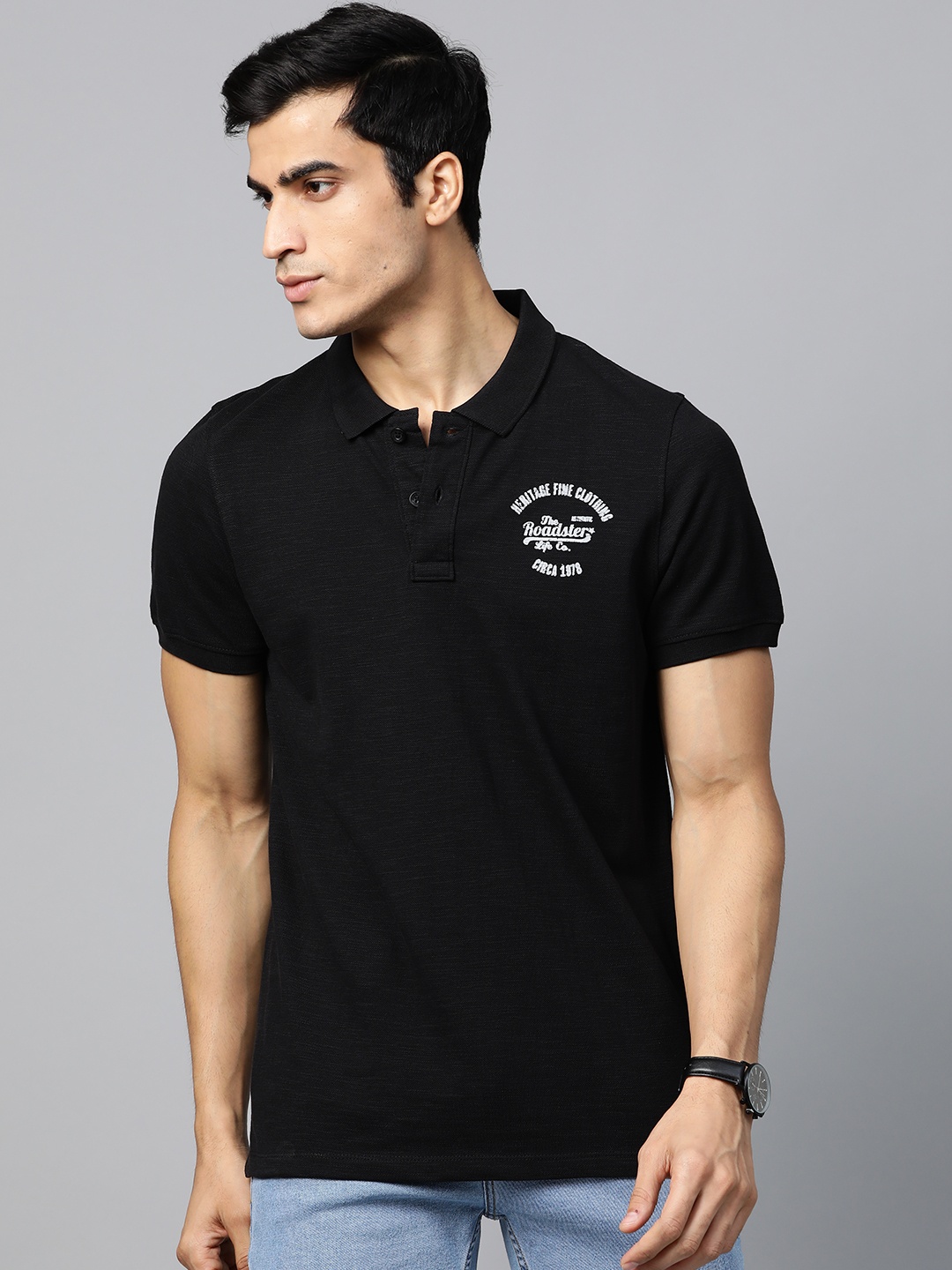 

The Roadster Lifestyle Co Men Black Printed Detail Polo Collar T-shirt